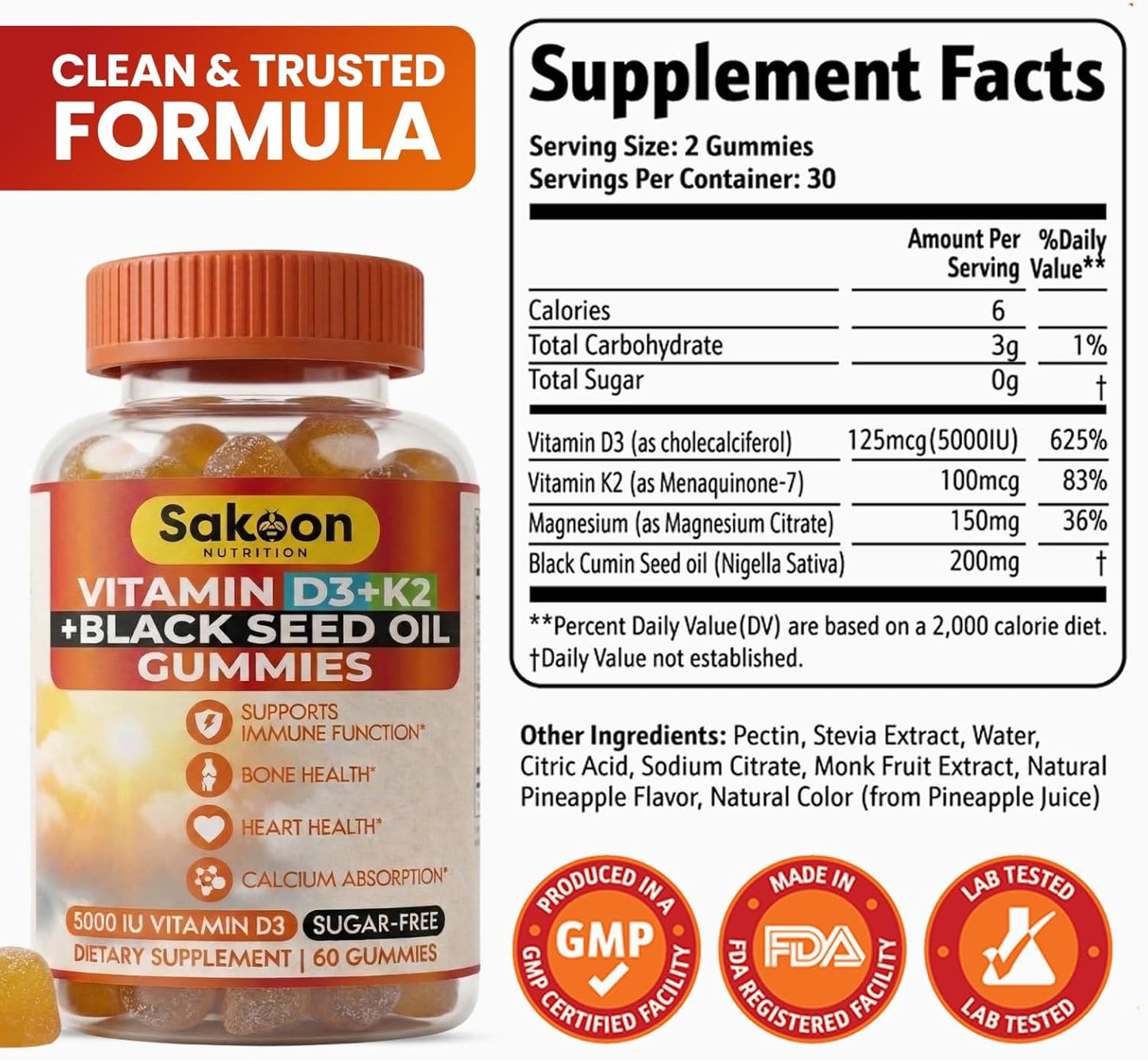 Sakoon Vitamin D3 K2 Gummies 5000 IU with Black Seed Oil - Bone Strength, Calcium Absorption & Immune Support - Non-GMO, Gluten-free - 60 Gummies - görsel 2
