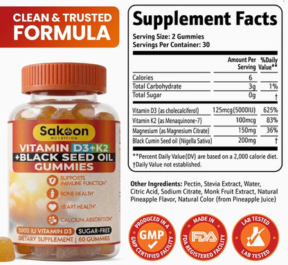 Sakoon Vitamin D3 K2 Gummies 5000 IU with Black Seed Oil - Bone Strength, Calcium Absorption & Immune Support - Non-GMO, Gluten-free - 60 Gummies