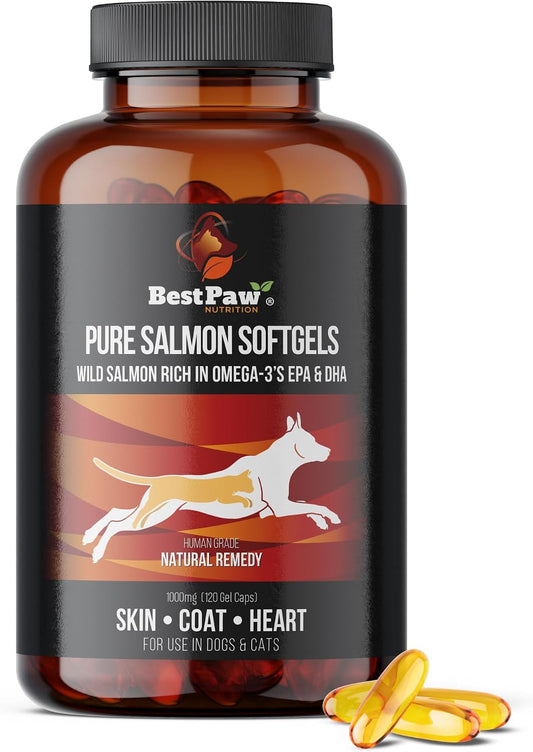 Wild Alaskan Salmon Oil for Dogs and Cats - Omega-3 Fish Oil Soft gel capsules - 1000mg EPA & DHA - 120 Count