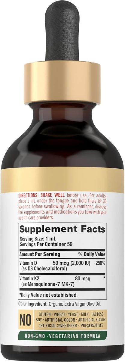 Carlyle Vitamin D3 K2 Drops - MK-7 Supplement - 60 ml - Vegetarian, Non-GM, Gluten & Soya Free