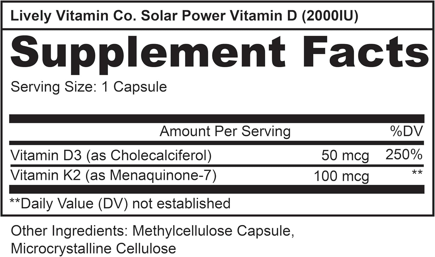 Lively Vitamin Co. Solar Power Vitamin D3 2000 IU with Vitamin K2 (MK-7), 60 Capsules - görsel 2