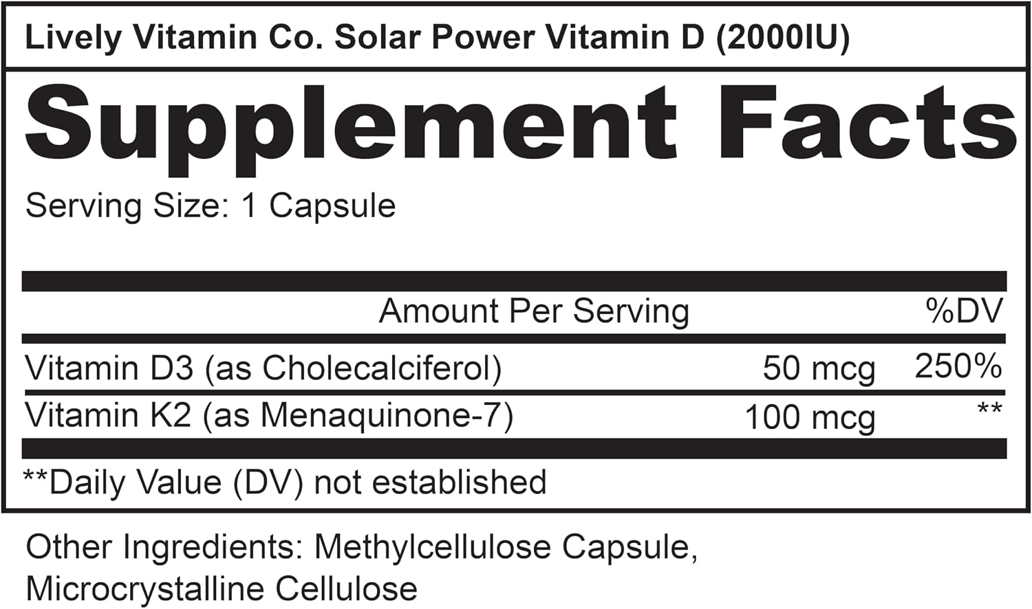 Lively Vitamin Co. Solar Power Vitamin D3 2000 IU with Vitamin K2 (MK-7), 60 Capsules - görsel 2