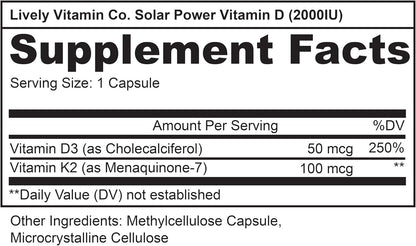 Lively Vitamin Co. Solar Power Vitamin D3 2000 IU with Vitamin K2 (MK-7), 60 Capsules