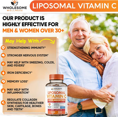 Wholesome Wellness Liposomal Vitamin C Capsules (200 Capsules, 1500mg per Serving) – High Absorption, Immune and Antioxidant Support