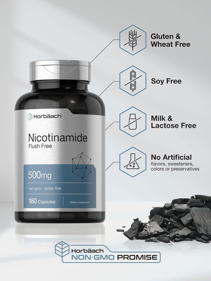 Horbäach Nicotinamide 500mg | 180 Capsules | Flush Free Food Supplement