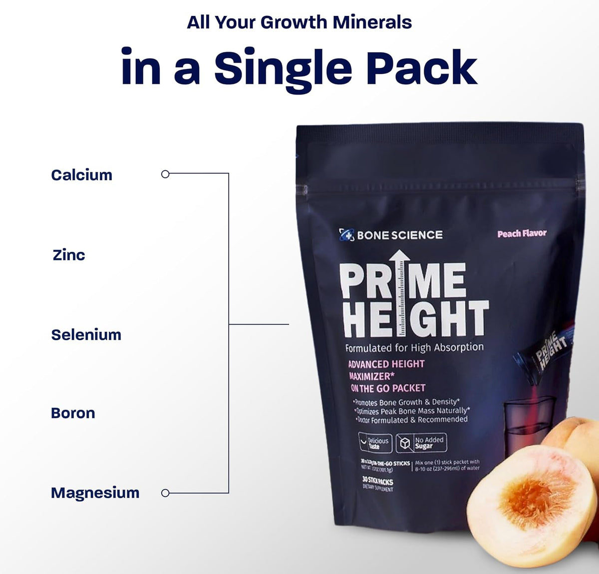 BONE SCIENCE Primeheight Multivitamin Powder for Kids & Teens, Bone & Immune Support, Sugar-Free Peach Flavour, 16 Key Nutrients, Easy Drink Mix, 30 Sticks - görsel 3