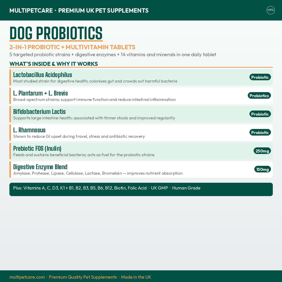 Probiotics for Dogs – 5-Strain 2 Billion CFU + Digestive Enzymes & Prebiotics, Chicken Flavour, 120 Tablets - görsel 4