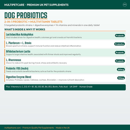 Probiotics for Dogs – 5-Strain 2 Billion CFU + Digestive Enzymes & Prebiotics, Chicken Flavour, 120 Tablets