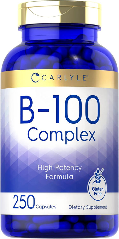 Carlyle B-100 Complex - High Potency B-Vitamin Supplement with B1, B2, B3, B6, B12, Biotin, Folic Acid & Inositol - 250 Vegetarian Capsules