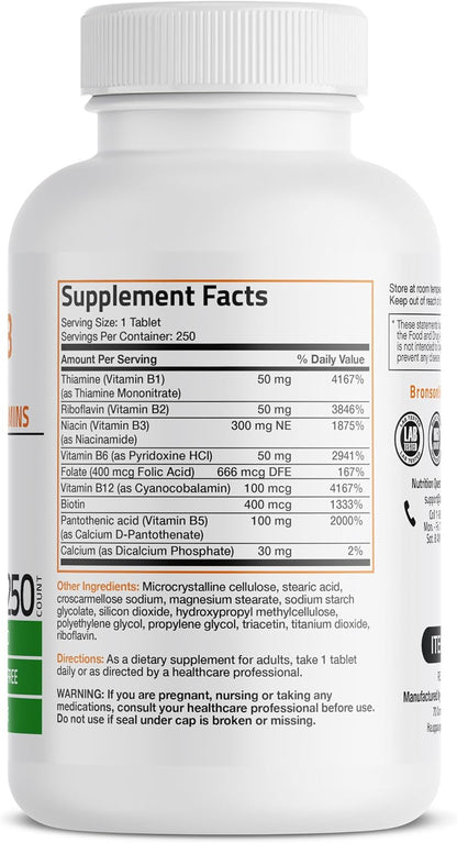 Bronson Vitamin B Complex | With B1, B2, B3, B6, Folic Acid & B12 | 250 Tablets