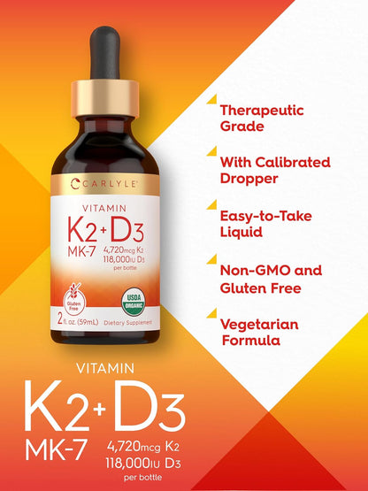 Carlyle Vitamin D3 K2 Drops - MK-7 Supplement - 60 ml - Vegetarian, Non-GM, Gluten & Soya Free