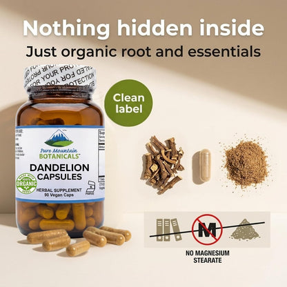 Pure Mountain Botanicals Dandelion Root Capsules – Organic 450mg, 90 Count