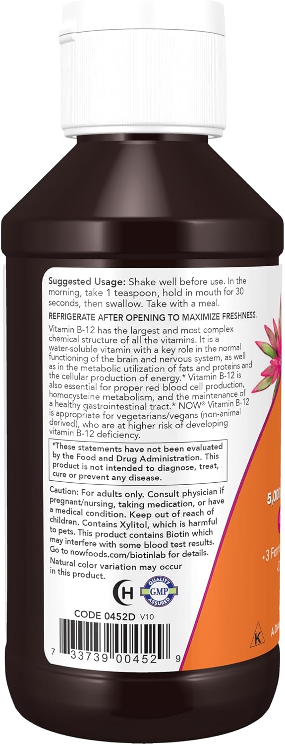 NOW Foods Ultra B-12 Liquid – 5000 mcg B12 with 800 mcg Folic Acid, 118 ml (4 fl oz) - görsel 3