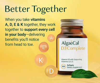 ALGAECAL D3 Complete - Vitamin D3, K2, A & E Food Supplement for Immune and Bone Health, 60 Softgels