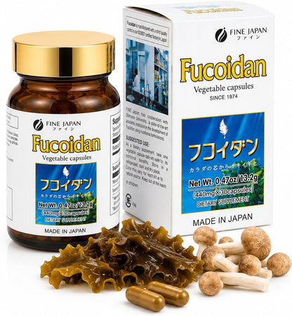 FINE JAPAN Fucoidan Capsules with Mekabu Seaweed and Agaricus Mushroom - 30 Capsules - Immune Support Supplement