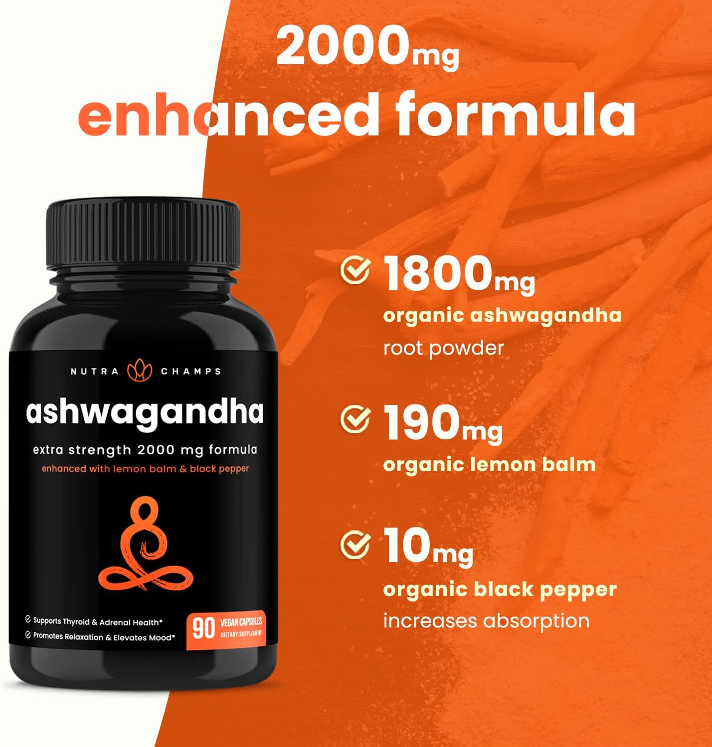 NutraChamps Organic Ashwagandha Capsules - 2000mg with Lemon Balm & Black Pepper for Stress and Mood Support - görsel 5