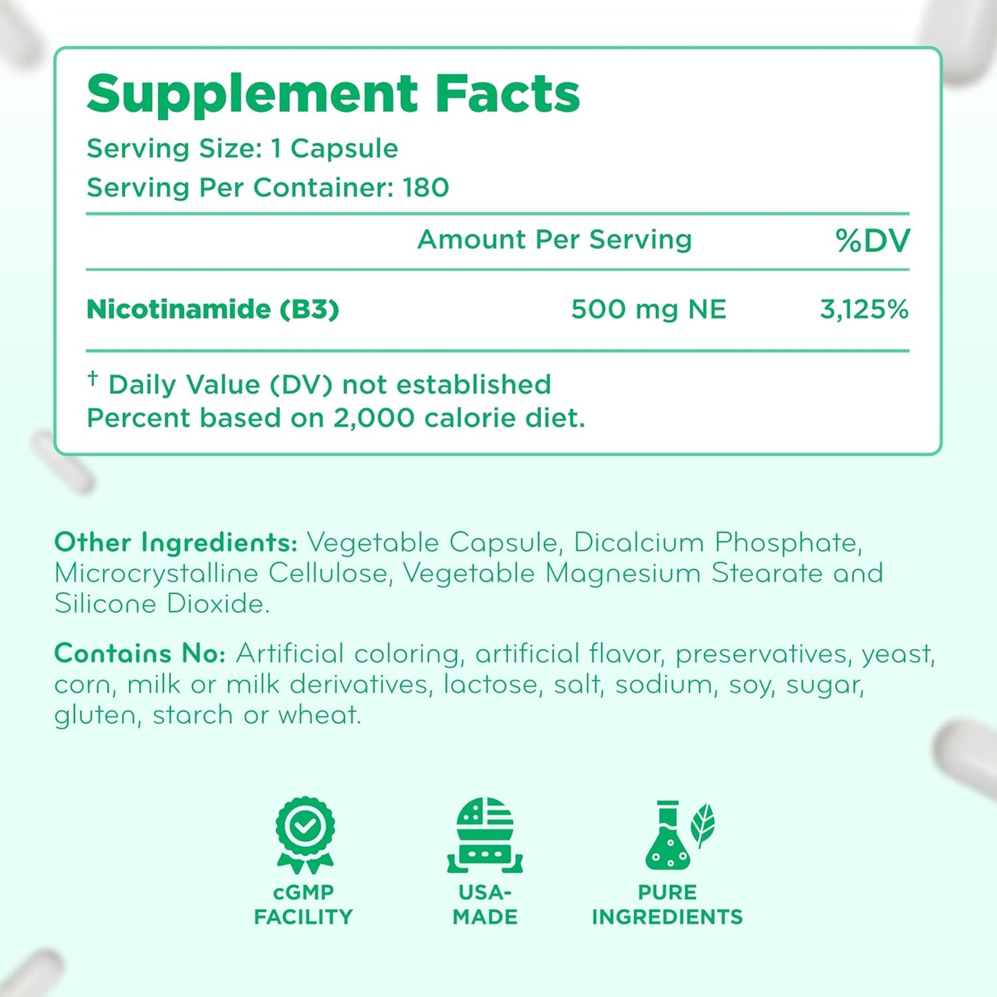 Vitamin B3 Nicotinamide 500mg – Flush Free Niacin Supplement for Energy, Skin & Nervous System Support – NAD Precursor – 180 Capsules - görsel 8