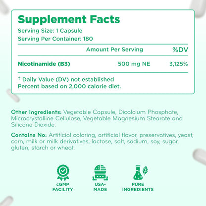 Vitamin B3 Nicotinamide 500mg – Flush Free Niacin Supplement for Energy, Skin & Nervous System Support – NAD Precursor – 180 Capsules