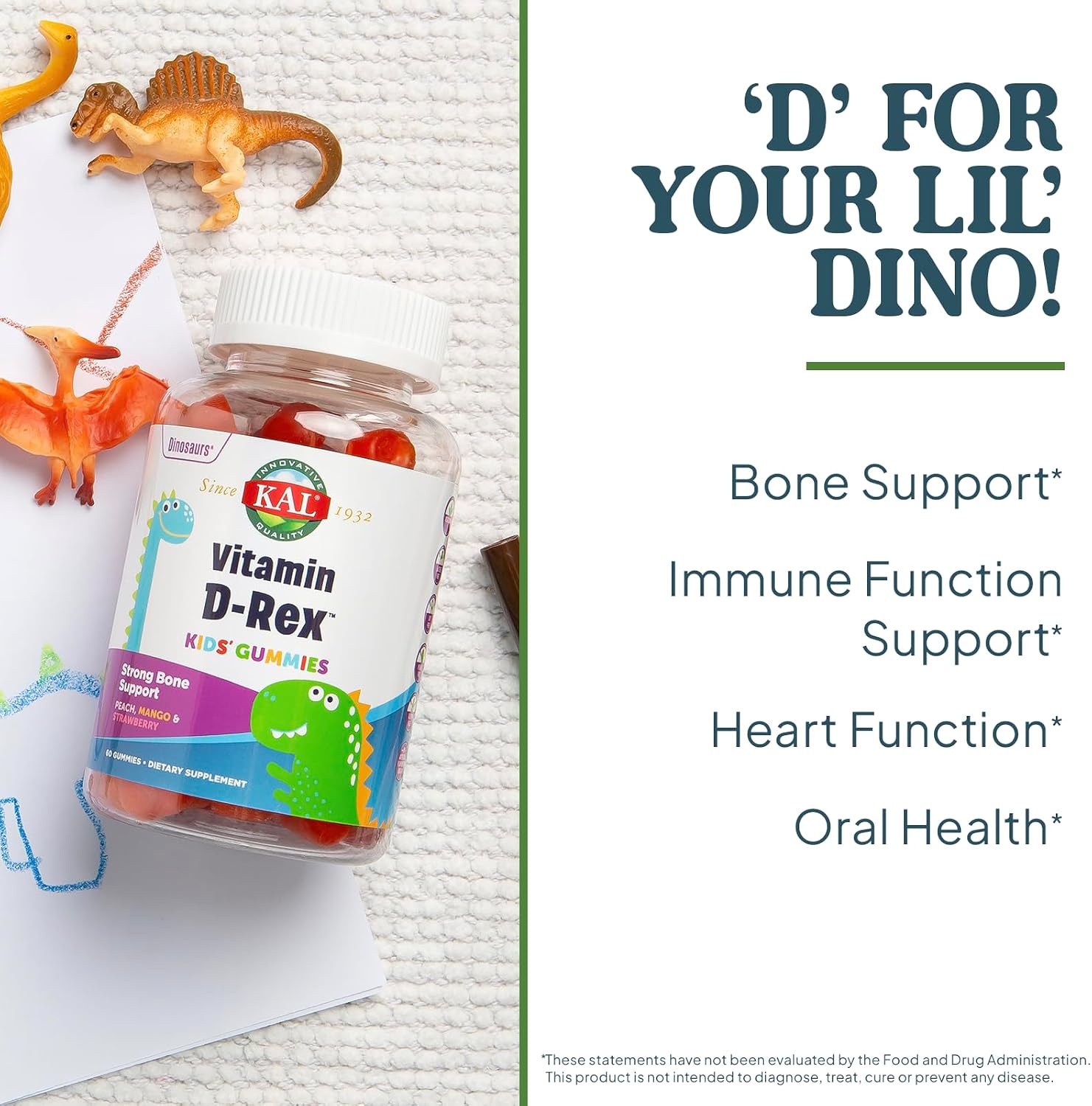 KAL Vitamin D-Rex – Vitamin D3 Gummies for Children – Peach, Mango & Strawberry Flavours – 1000 IU (60 Gummies) - görsel 3