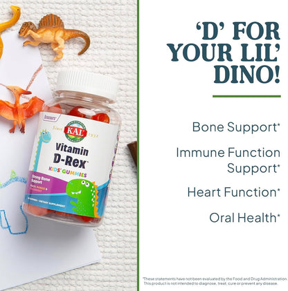 KAL Vitamin D-Rex – Vitamin D3 Gummies for Children – Peach, Mango & Strawberry Flavours – 1000 IU (60 Gummies)