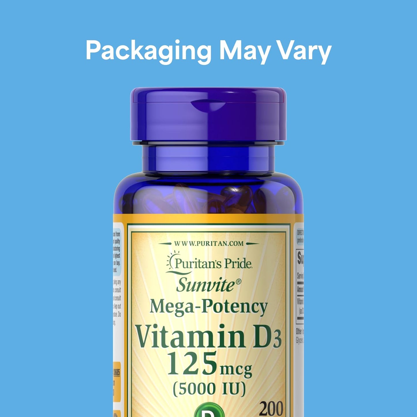Puritan's Pride Premium Sunvite™ Mega-Potency Vitamin D3 5,000 IU, 200 Rapid Release Softgels - görsel 2