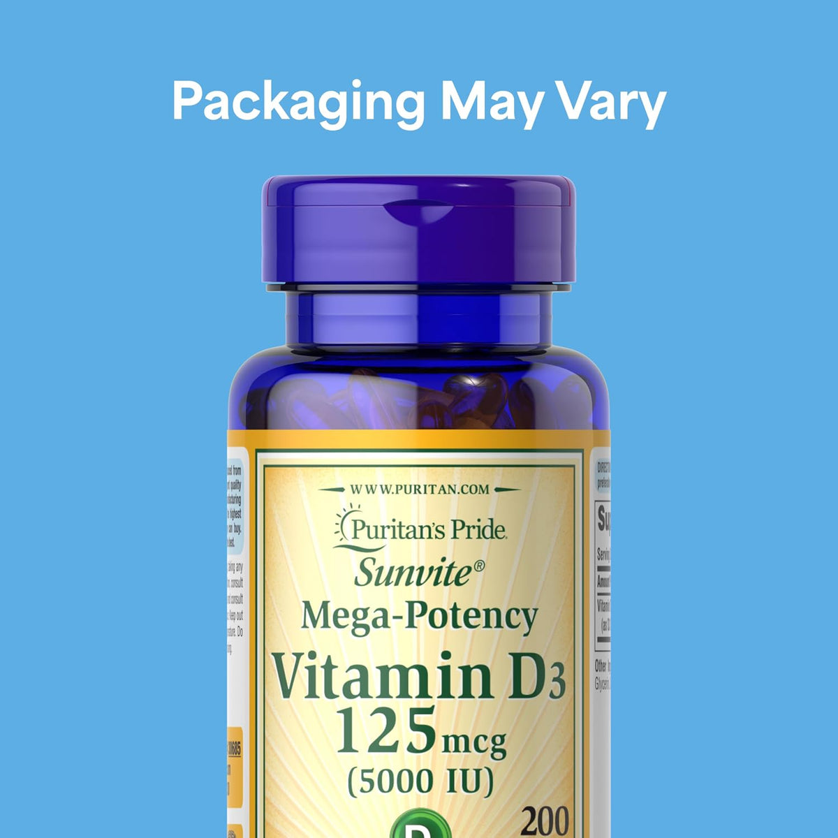 Puritan's Pride Premium Sunvite™ Mega-Potency Vitamin D3 5,000 IU, 200 Rapid Release Softgels - görsel 2