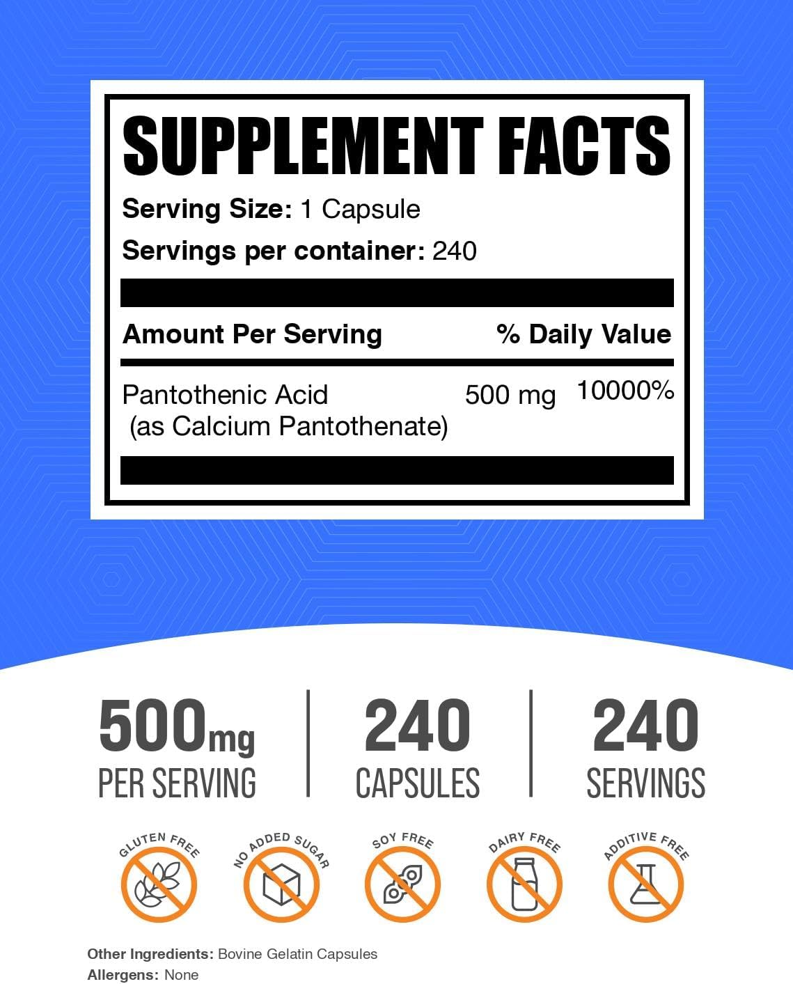 Vitamin B5 (Pantothenic Acid) 500 mg Capsules - 240 Capsules - görsel 2