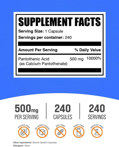 Vitamin B5 (Pantothenic Acid) 500 mg Capsules - 240 Capsules