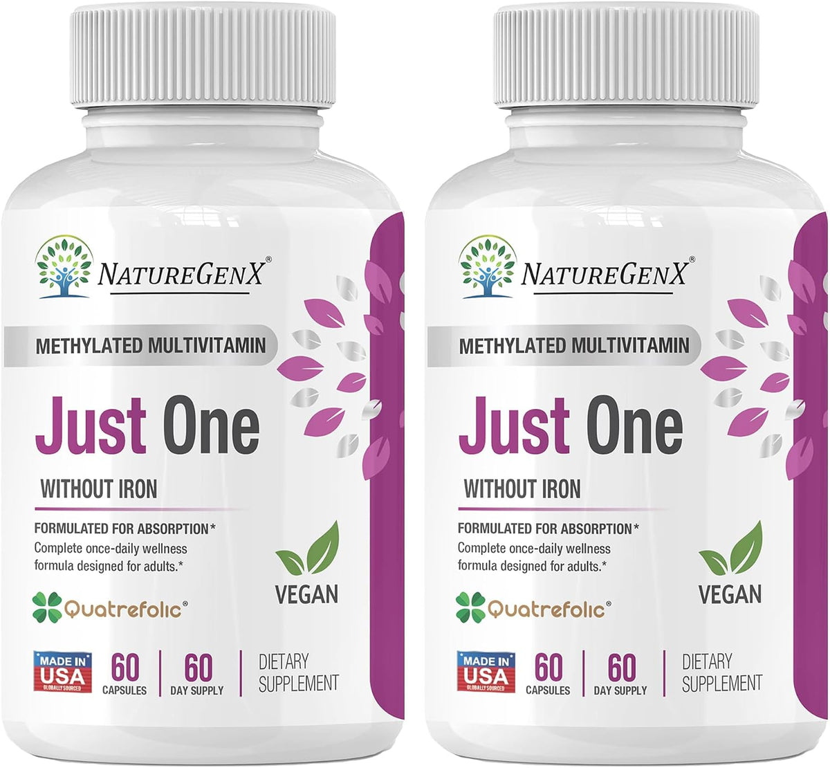 NatureGenX Just One Daily Methylated Multivitamin - Iron-Free, Methyl B12 & Quatrefolic Methylfolate, 120 Vegan Capsules (4-Month Supply) - görsel 1