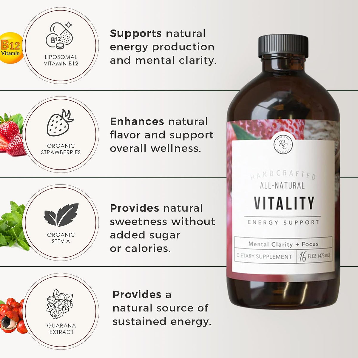 Rowe Casa Organics Vitality Energy Support with Strawberry, Guarana & Rhodiola Extract – Botanical Caffeine Liquid Vitamins for Daily Energy & Vitality – Adults – 473 ml - görsel 3