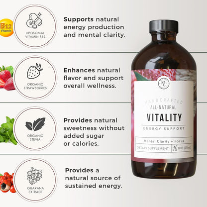 Rowe Casa Organics Vitality Energy Support with Strawberry, Guarana & Rhodiola Extract – Botanical Caffeine Liquid Vitamins for Daily Energy & Vitality – Adults – 473 ml