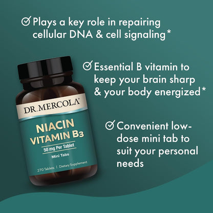 Dr. Mercola Niacin Vitamin B3, 90 Servings (270 Tablets), Food Supplement, Mini Tablets, Essential B Vitamin, Non-GMO