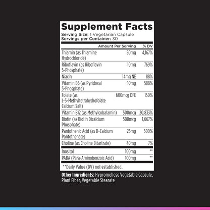 Livingood Daily Vitamin B Complex – Methylated B12 & Folate, 11 Active Forms, Gluten-free, Vegan, 30 Capsules