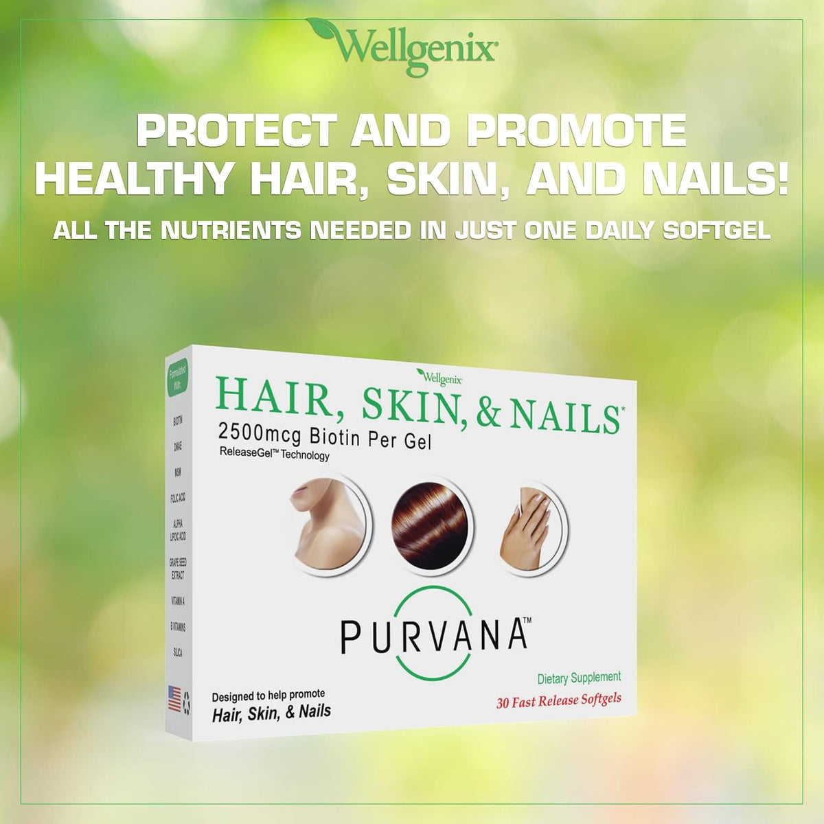 Wellgenix Purvana Hair, Skin and Nails – 2500mcg Biotin Softgels with MSM & B-Complex – 30 Count - görsel 5