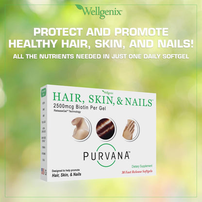Wellgenix Purvana Hair, Skin and Nails – 2500mcg Biotin Softgels with MSM & B-Complex – 30 Count