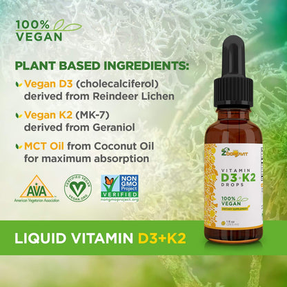 Vegan Liquid Drops Vitamin D3 K2 (MK-7) - Plant-Based with Coconut Oil for Improved Absorption - 1000 IU D3 & 200 mcg K2 per Serving