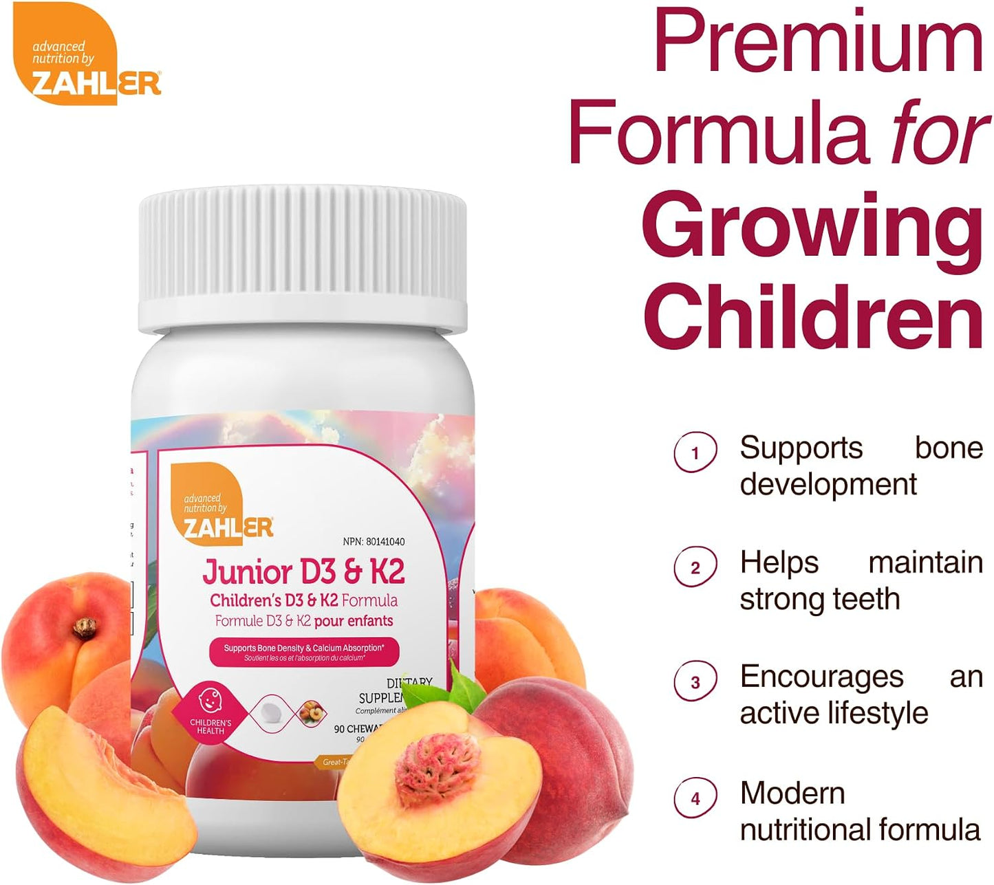 Zahler Junior D3 & K2 - Peach Apricot - 90 Chewable Tablets for Children's Bone and Immune Support - görsel 4