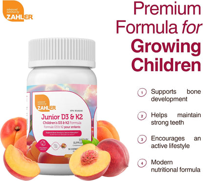 Zahler Junior D3 & K2 - Peach Apricot - 90 Chewable Tablets for Children's Bone and Immune Support