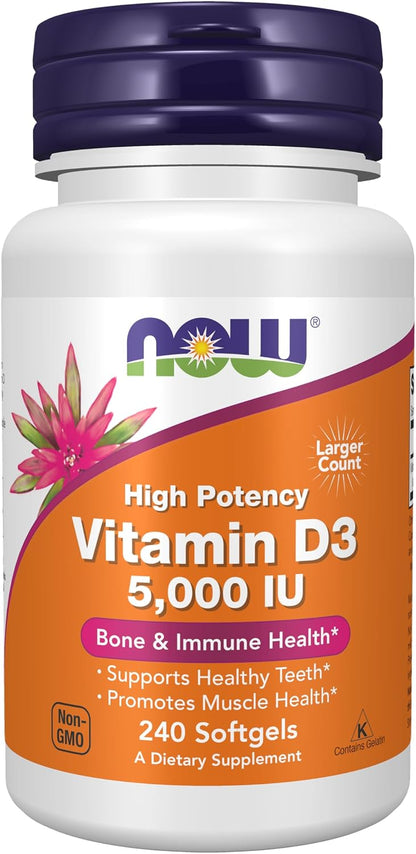 NOW Foods Vitamin D3 5,000 IU, High Potency, Supports Immune & Bone Health, 120 Softgels