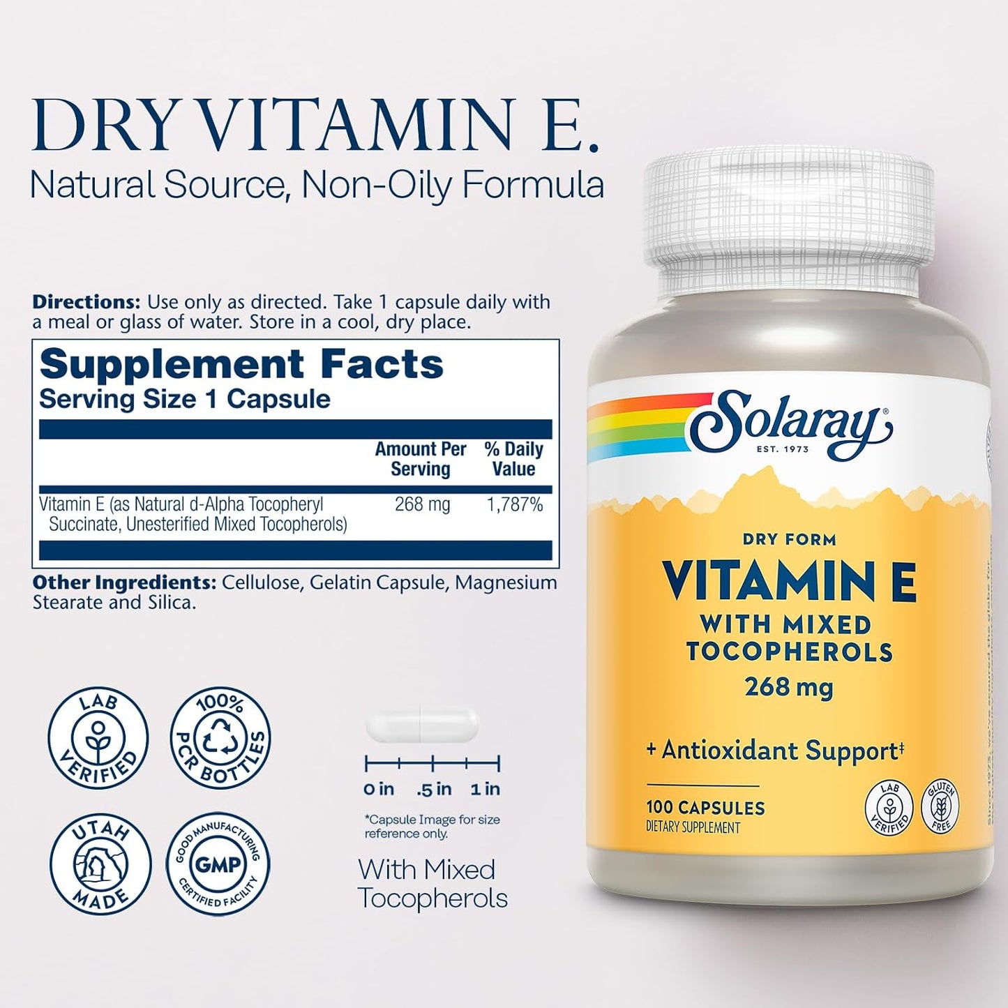 SOLARAY Vitamin E 400 IU (268 mg) - Dry Form with Mixed Tocopherols, Natural Source, 100 Capsules - görsel 2