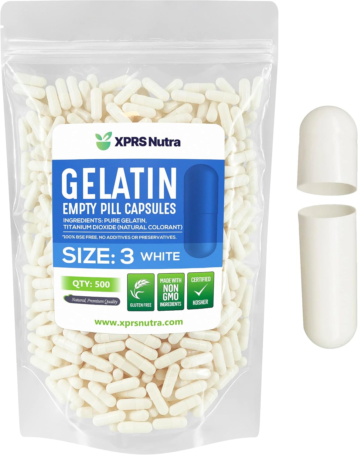 XPRS Nutra Size 3 Empty Gelatine Capsules - 500 Count DIY Capsule Filling (White) - görsel 1