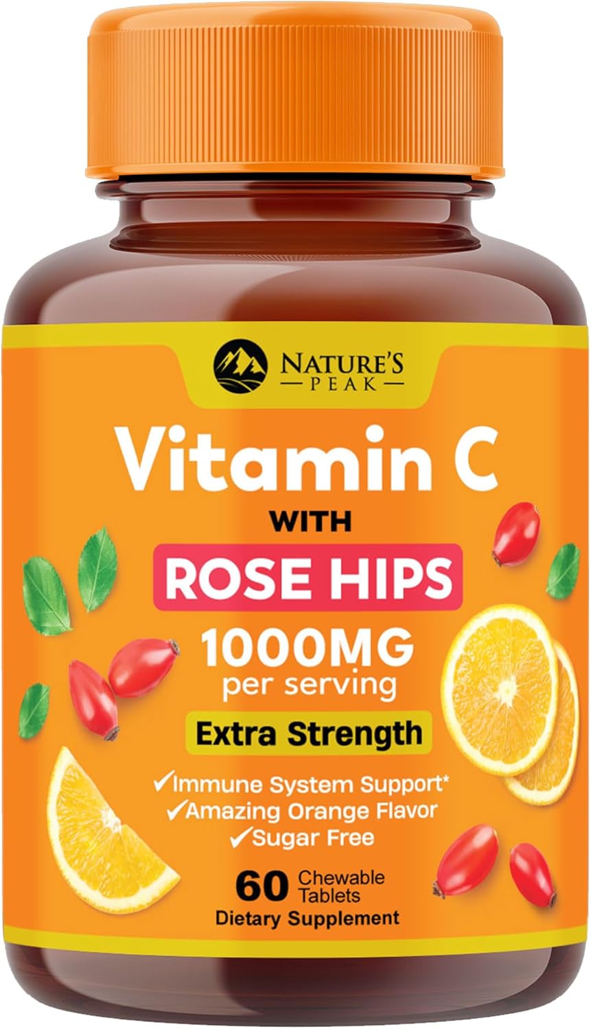 Vitamin C 1000mg per Serving – Extra Strength Chewable with Rose Hips – Sugar Free Orange Flavour – 60 Tablets - görsel 1