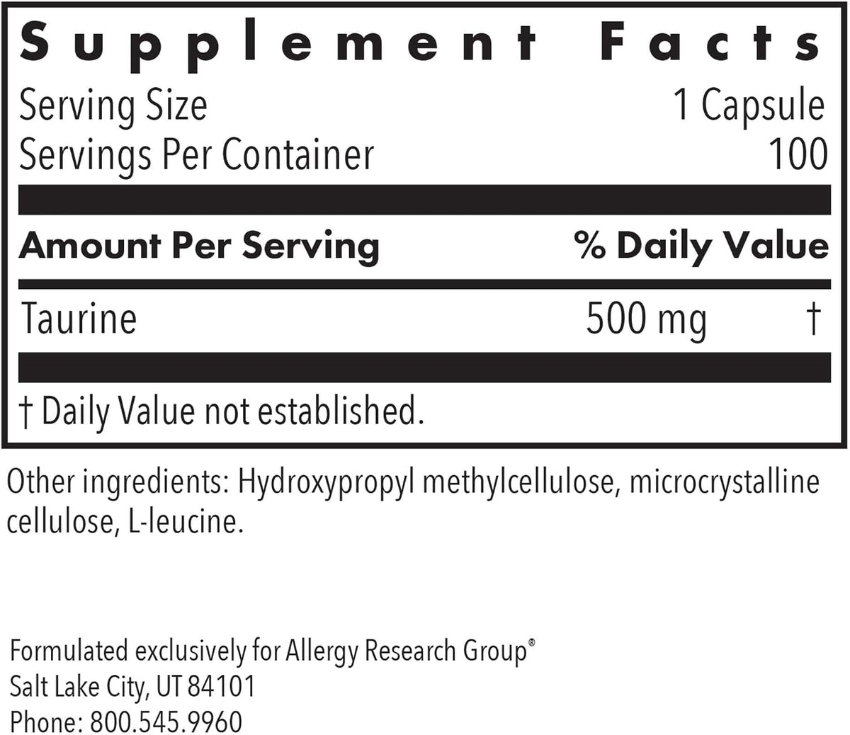 Allergy Research Group ARG Taurine 500 mg - Free Form Amino Acid - Heart Function & Electrolyte Balance - Hypoallergenic - 100 Capsules - görsel 6