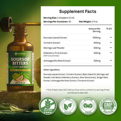 Soursop Bitters Liquid Drops – Ashwagandha, Black Seed, Burdock, Dandelion, Elderberry & Ginger, 59 ml | NutraPeaks