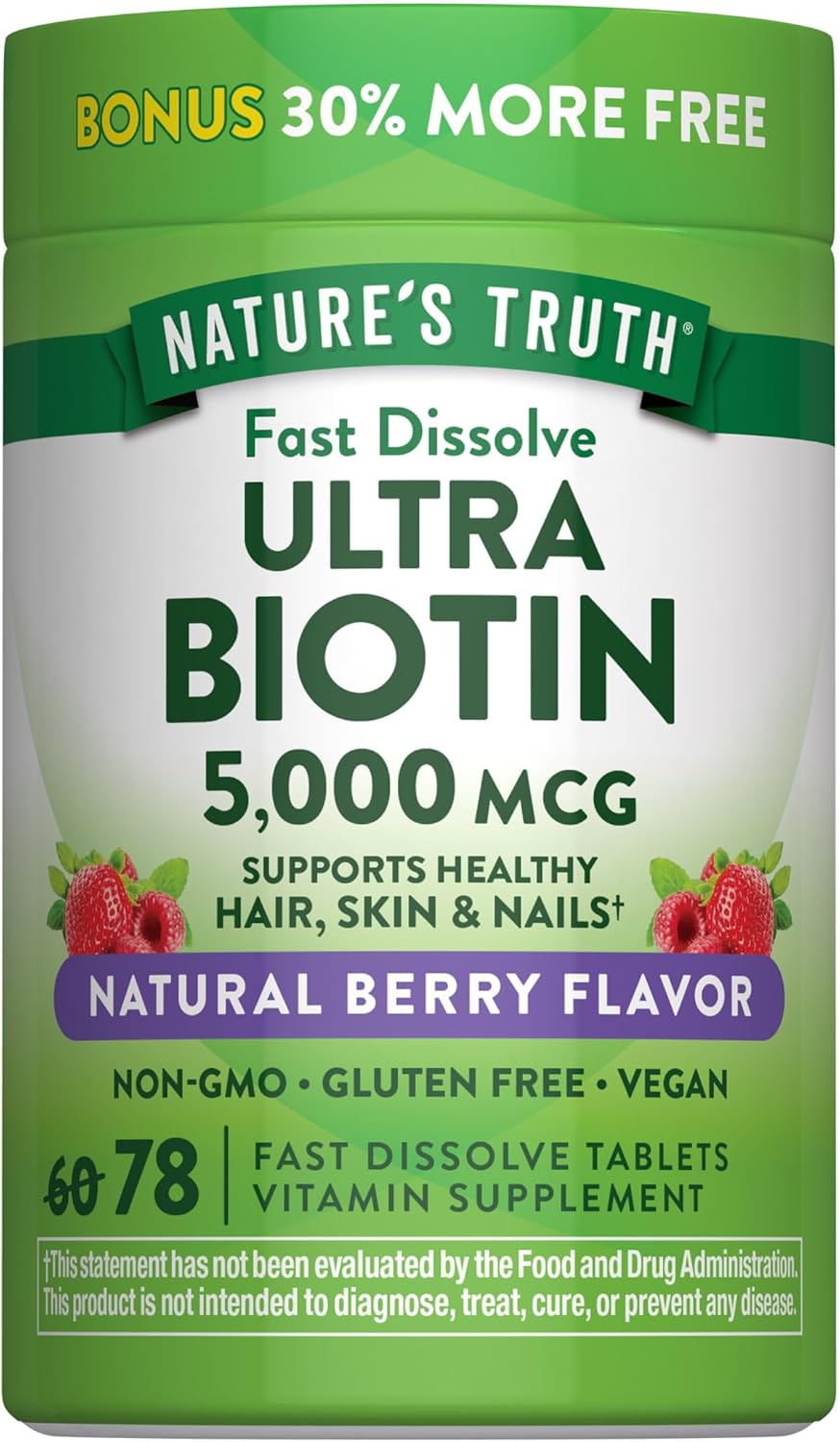 Nature's Truth Biotin 5000mcg Fast Dissolve Tablets - Natural Berry Flavour - 78 Count - görsel 1