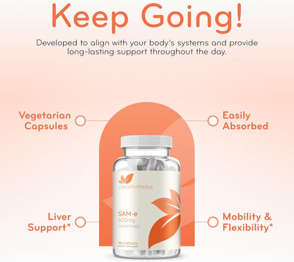 Clear Formulae Bioactive SAM-e 500mg - High Strength Liver & Mood Support - Vegan Non-GMO - 180 Capsules