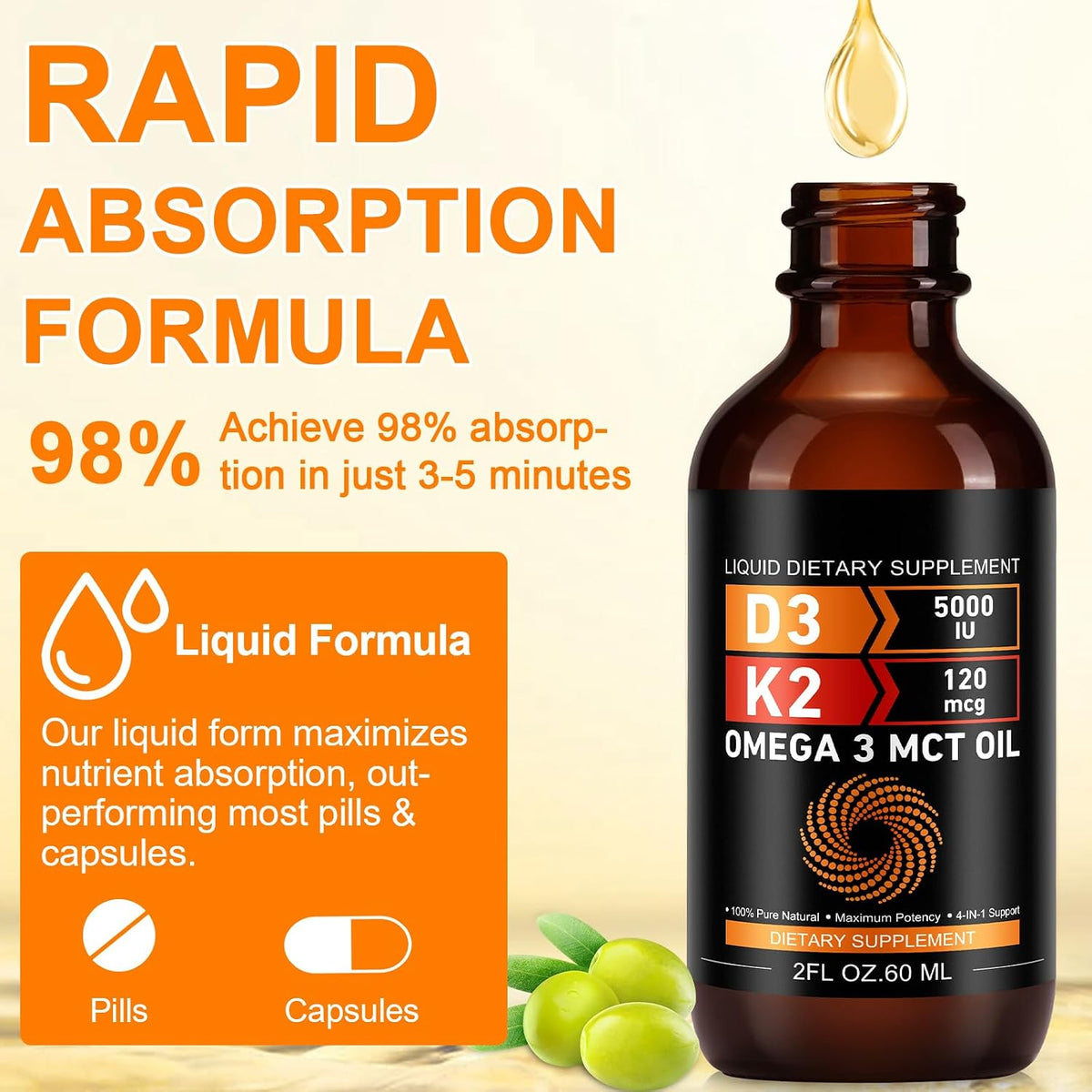 Daiasns Vitamin D3 5000 IU & K2 (MK-7) 120 mcg Liquid Drops with MCT Oil Omega-3 – 2 Month Supply - görsel 9