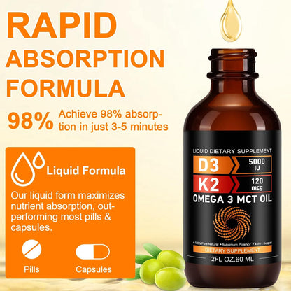 Daiasns Vitamin D3 5000 IU & K2 (MK-7) 120 mcg Liquid Drops with MCT Oil Omega-3 – 2 Month Supply