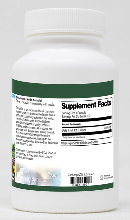 Date Fruit 4:1 – 450 mg (100 Capsules) by Terravita