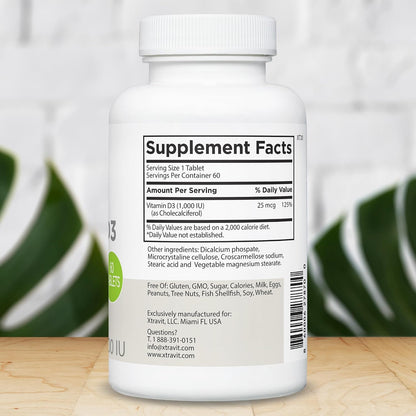 Xtravit Vitamin D3 1000 IU Supplement – Vegan, Non-GMO, Gluten-free – 60 Tablets